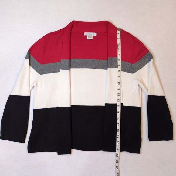 Liz Claiborne Womens M Color Block 3/4 Sleeve Open Cardigan Red White Black Gray - Picture 8 of 8